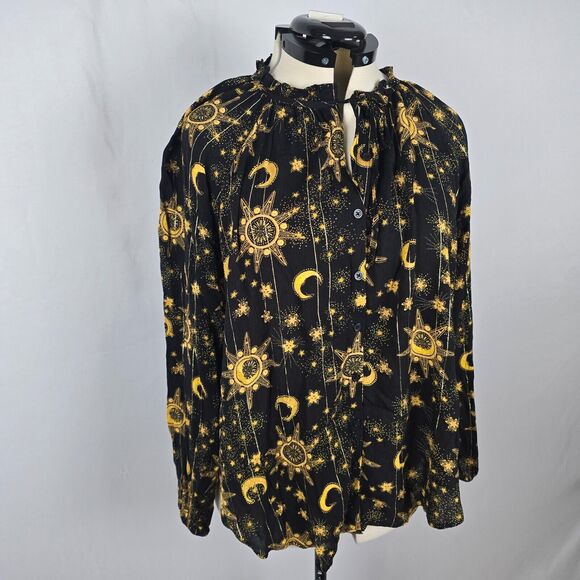 Torrid Blouse Women's 1X Black Gold Moon Print Long Sleeve Tie Mock Neck NWT - Picture 16 of 16